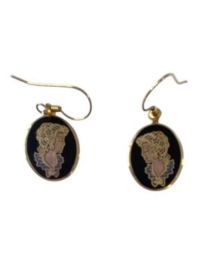 "Norwegian Cameo" Rococo Enamel Oval Drop Earrings With Gold-Tone Finish